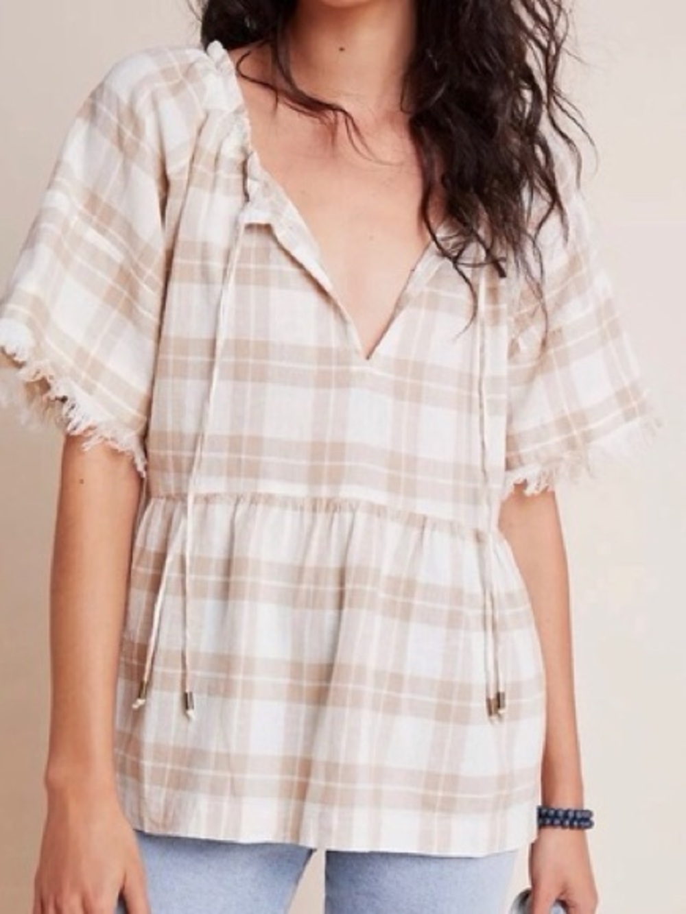 Pilcro by Anthropologie Beige Plaid Short Sleeve Cotton Linen Peasant Top S
